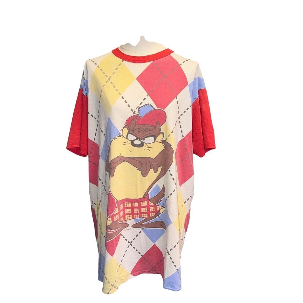 Vintage 1993 Taz Tasmanian Devil AOP Shirt Single Stitch Argyle Kilt 90s OSFA